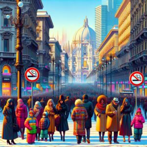 A scenic view of Milan's bustling urban streets with pedestrians in winter clothing, a clear blue sky, and a prominent "No smoking" sign in the foreground. The image should capture both the vibrancy of city life and the new smoking ban.