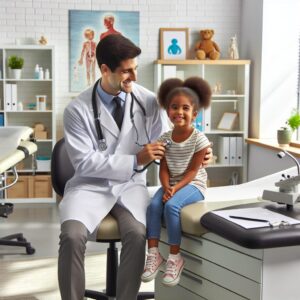 A calm and professional pediatrician's office, with a friendly doctor examining a cheerful 6-year-old child. The room is equipped with medical tools and has colorful, child-friendly decorations, creating a comforting atmosphere.