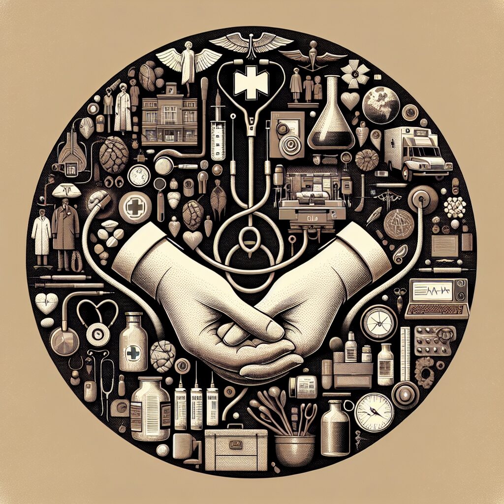 A commemorative image symbolizing the 80th anniversary of Social Security in France, featuring historical elements like 1940s medical equipment and modern healthcare technologies, intertwined with symbols of unity and protection, in a style that blends history and modernity, capturing the essence of social solidarity.