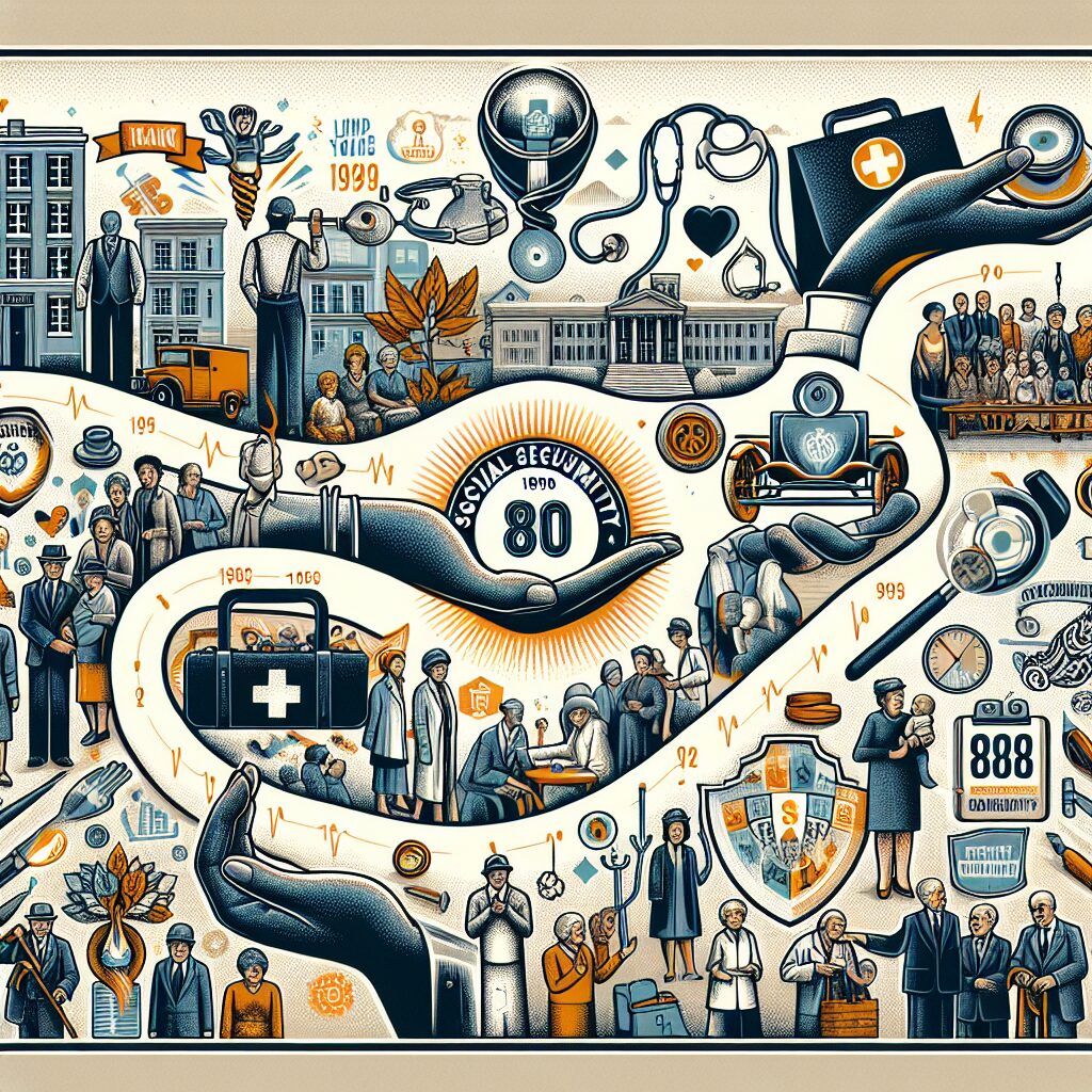 An illustration representing 80 years of social security in France, highlighting themes of healthcare, solidarity, and community support, with vintage and modern elements.