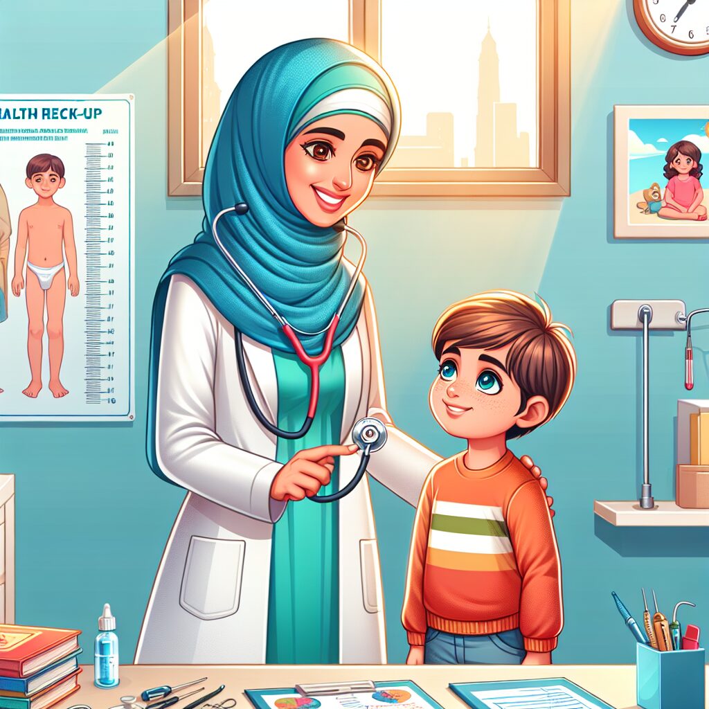 A detailed, colorful illustration showing a pediatrician conducting a health check-up on a six-year-old child in a bright, friendly clinic environment. Both the child and doctor are smiling, showcasing the positive atmosphere of medical care. Include visual elements like a height chart, medical tools, and educational posters in the background.