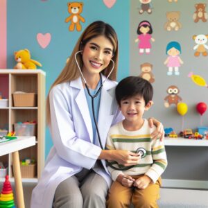 A doctor examining a cheerful 6-year-old child, with medical equipment like a stethoscope and growth charts. The setting is colorful and child-friendly, resembling a pediatrician's office.