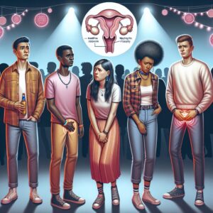 A realistic illustration showing young individuals experiencing severe urinary symptoms, like needing to urinate frequently, while in a club setting. Emphasize a medical and concerned tone with a bladder-themed anatomical illustration incorporated.