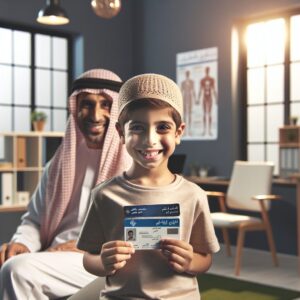 A smiling child holding two health insurance cards, symbolizing the connection to both parents, in a medical office setting. Soft lighting and warm colors emphasizing family and healthcare.