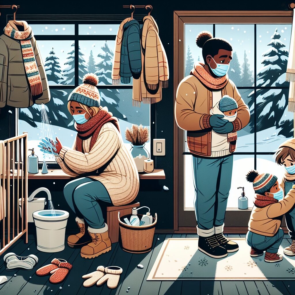 A cozy winter scene with a family practicing healthy habits: wearing masks indoors, washing hands regularly, and ventilating the room by opening windows. The setting should be warm, with winter clothing and a visible outdoor snowy landscape to emphasize the season.