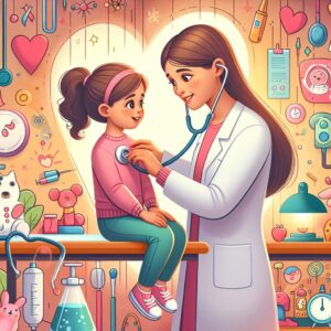 A caring pediatrician conducting a health check-up for a six-year-old child, surrounded by medical tools and a friendly, colorful environment to symbolize a positive healthcare experience for children.