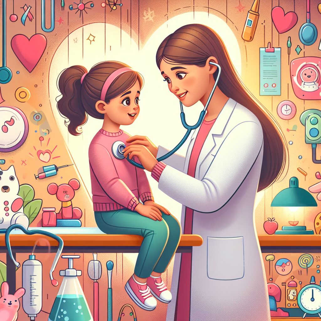 A caring pediatrician conducting a health check-up for a six-year-old child, surrounded by medical tools and a friendly, colorful environment to symbolize a positive healthcare experience for children.