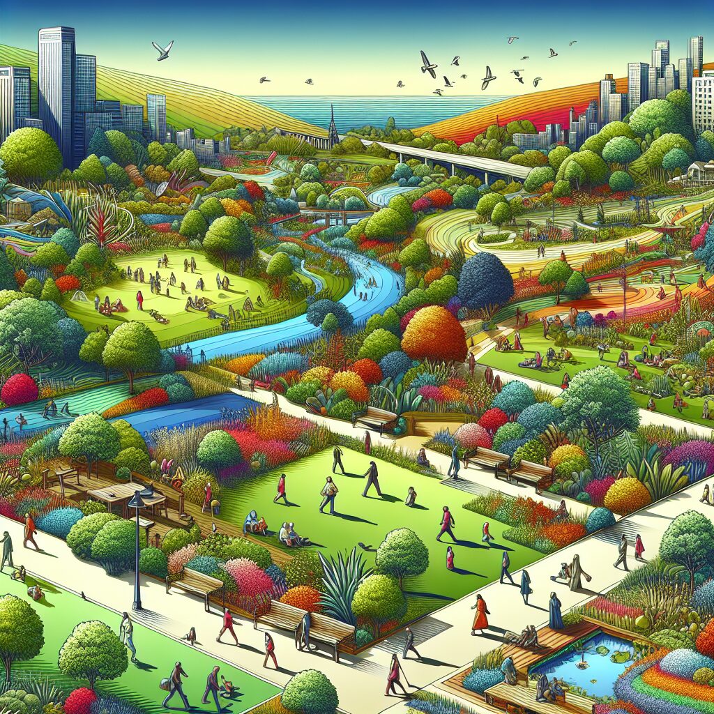 A vibrant illustration of a flourishing natural ecosystem merging with urban elements, showcasing healthy green spaces and people engaging in outdoor activities. The scene is vibrant, reflecting the harmony between nature and urban life.