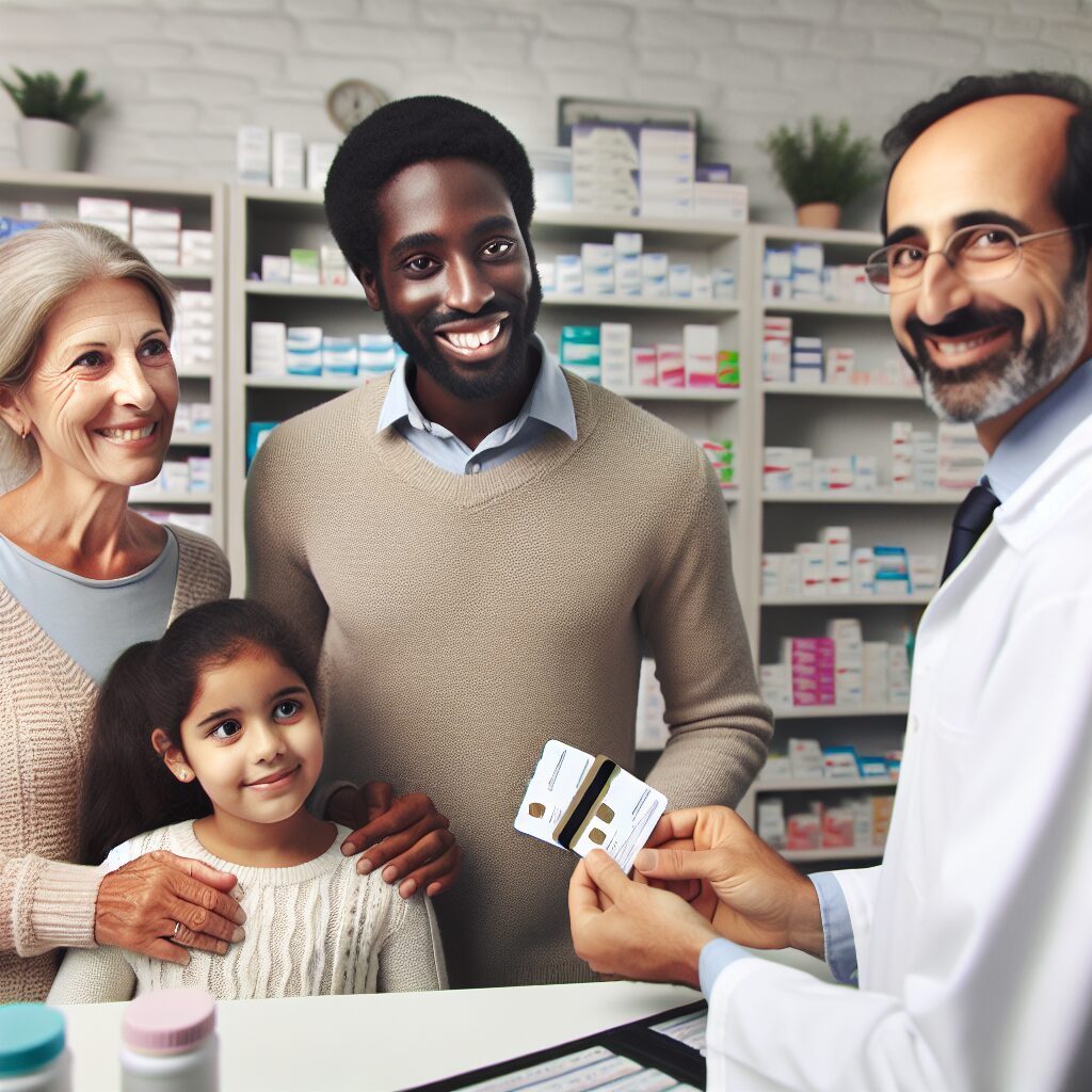 A French family visiting a pharmacy, holding two health insurance cards, symbolizing dual registration on health cards, with a friendly pharmacist assisting them.