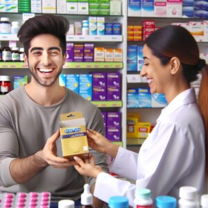 A young person in a pharmacy receiving a box of "Éden Perlés" condoms. The scene is bright and welcoming, with a pharmacist smilingly handing over the product. Various pharmaceutical items are visible in the background, emphasizing an atmosphere of health and prevention.