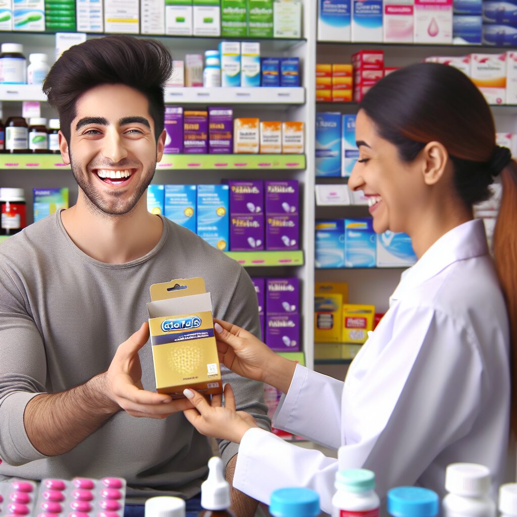 A young person in a pharmacy receiving a box of "Éden Perlés" condoms. The scene is bright and welcoming, with a pharmacist smilingly handing over the product. Various pharmaceutical items are visible in the background, emphasizing an atmosphere of health and prevention.