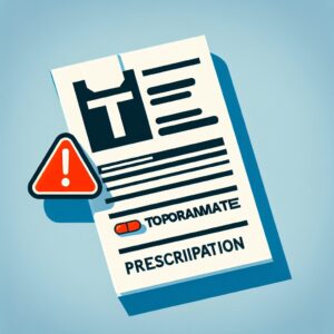 An informative illustration showing a medical prescription pad with the medication name 'Topiramate', alongside a symbol of attention or warning, to represent the new prescription guidelines for this migraine treatment.