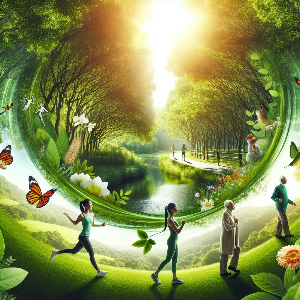 A serene and lush green landscape portraying the harmonious relationship between nature and human health. Include elements such as healthy people walking in a park, vibrant flora and fauna, and sunlight streaming through trees representing health and vitality.