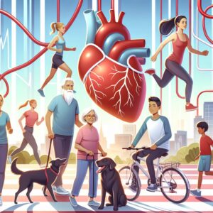 Une illustration montrant des gens de divers âges en train de marcher ou faire du vélo dans un parc, symbolisant un mode de vie sain et actif, avec des éléments graphiques représentant le cœur et les artères en arrière-plan pour évoquer la santé cardiovasculaire.