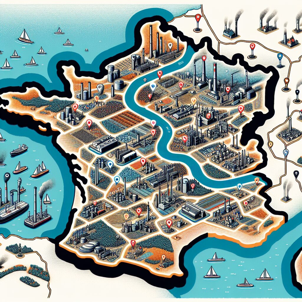 An illustrative map showing industrial basins in France with various types of industries, highlighting environmentally impacted areas and neighboring residential zones.