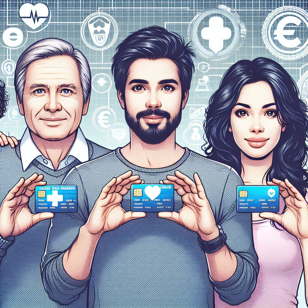 Illustration showing a family with a child, both parents holding a French Carte Vitale, symbolizing health insurance. The background includes icons representing healthcare, such as a stethoscope, medical cross, and euro symbols.