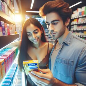 A photograph of a young adult couple in a pharmacy, examining a box of Éden Perlés condoms on a shelf, with bright, positive lighting symbolizing health and prevention.