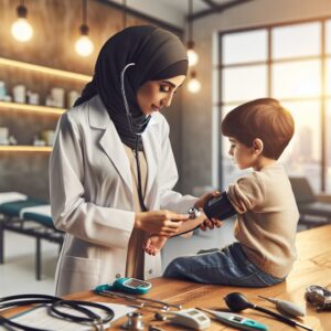 A pediatrician conducting a medical checkup on a six-year-old child in a doctor's office, with medical tools and a bright, warm atmosphere reflecting care and attention.