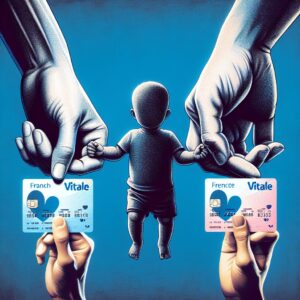 Illustration showing two parents' hands each holding a French Vitale card with a child's silhouette in the background, symbolizing shared parental responsibility in health care coverage.