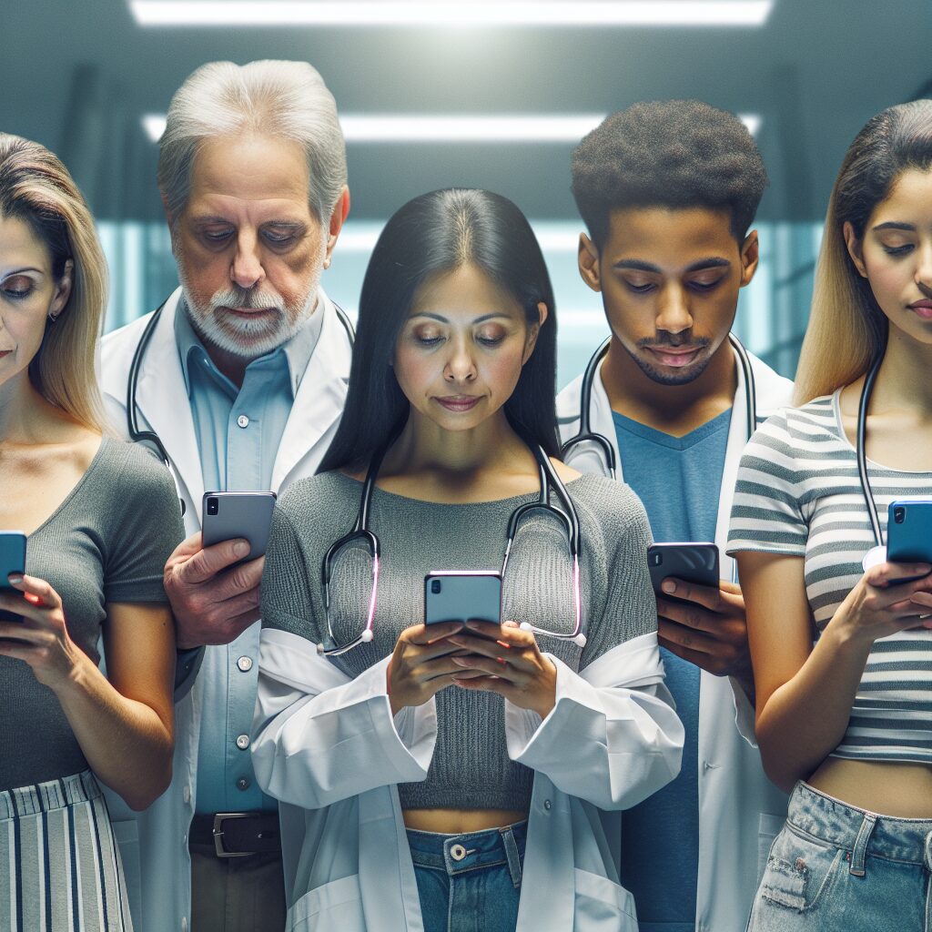 A diverse group of people of various ages and backgrounds looking at their smartphones with the Ameli app open. The background should be a modern health office setting, conveying the theme of digital health management.