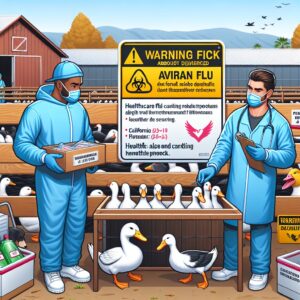 Une ferme de canards en Californie avec des mesures de sécurité renforcées. Des panneaux d'avertissement sur les risques de grippe aviaire sont visibles, et des professionnels de la santé en équipements de protection effectuent des contrôles.