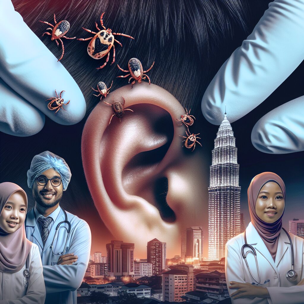 An illustration showing a child's ear with tiny ticks, surrounded by a medical team examining it with concern, highlighting a hospital environment in Malaysia, emphasizing the seriousness of tick infestation and its health implications.