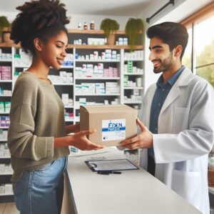 A young person receiving a box of condoms labeled 'Éden Perlés' from a friendly pharmacist in a bright and welcoming pharmacy setting, conveying a sense of accessibility and health awareness.