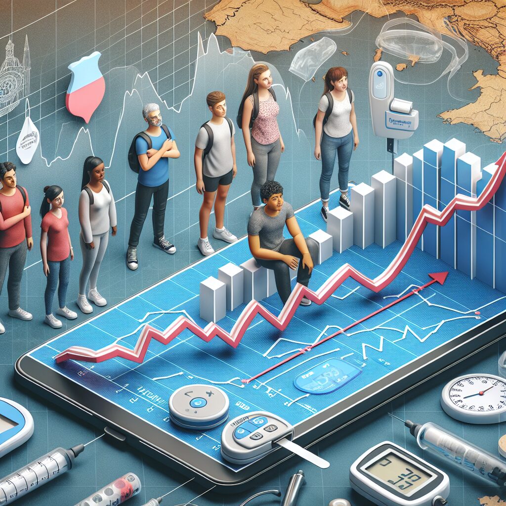 A detailed illustration showing a graph with a rising trend line representing the increase of diabetes cases in France. Include young people, medical symbols like insulin and blood sugar monitors, with a map of France in the background.