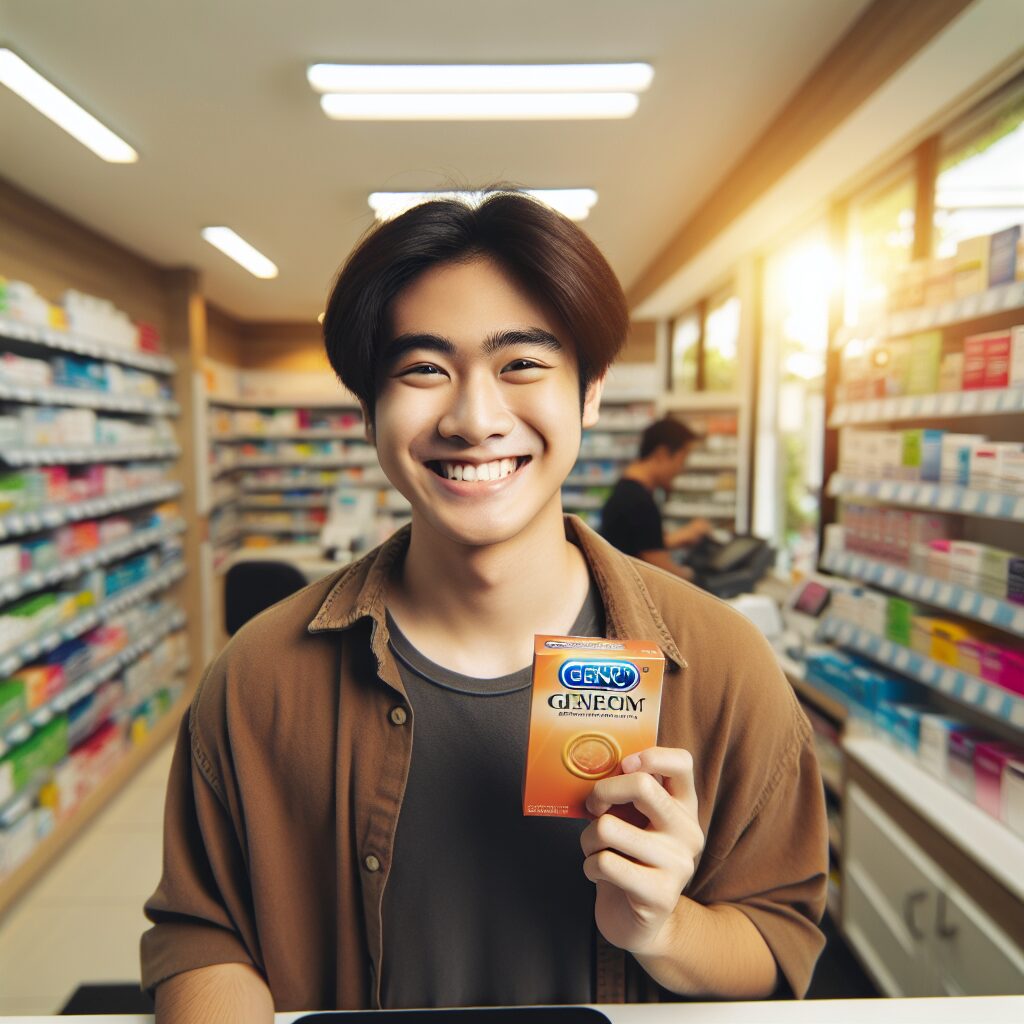 A young person happily picking up a box of Eden Perles condoms at a pharmacy counter, with bright, welcoming pharmacy interiors and shelves lined with health products in the background. The scene is lively and positive, reflecting accessibility and friendliness of healthcare services.