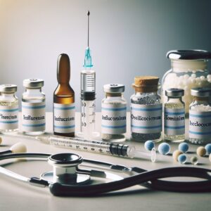 Controversial image showing a traditional flu vaccine alongside homeopathic remedies such as small vials labeled 'Influenzinum' and 'Oscillococcinum', with medical symbols like a stethoscope and a pharmacist's counter displaying these products.