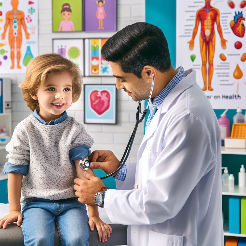 An image of a six-year-old child undergoing a medical examination, with a pediatrician in a bright, friendly doctor's office, colorful posters about health on the walls, and medical tools in the background.