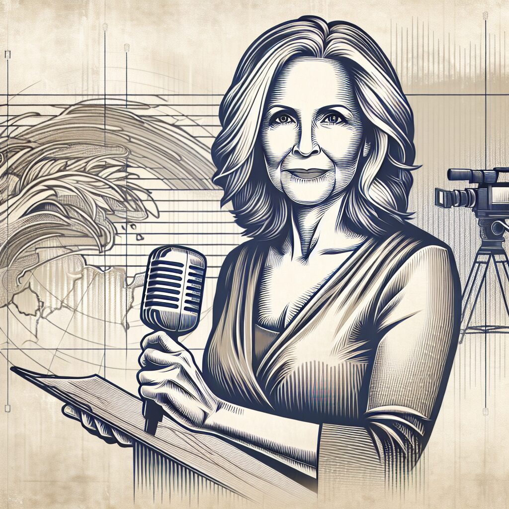 A respectful and thoughtful illustration of Catherine Laborde, former weather presenter, set against a subtle background symbolizing memory and time, capturing her grace and the battle against Lewy body dementia.