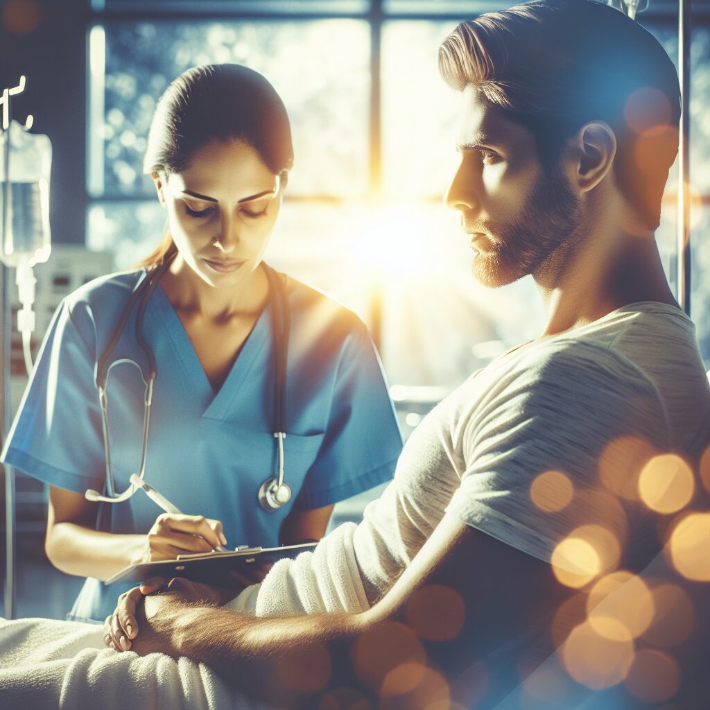 Illustration of a healthcare professional in a hospital setting with a patient, depicting recovery from the Mpox virus. The scene is bright and hopeful, focusing on medical care and recovery.