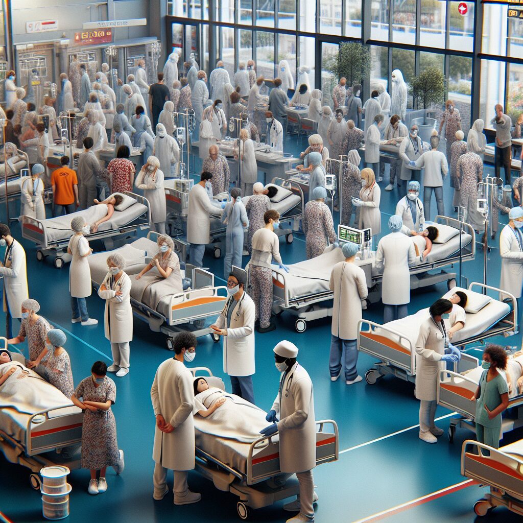 A bustling French hospital in 2025, overwhelmed with patients, nurses and doctors in full protective gear. The scene is hectic, reflecting a severe flu epidemic with a sense of urgency and tension. Patients of all ages, visibly distressed, fill the hospital beds and waiting areas, illustrating the impact of a complex health crisis.