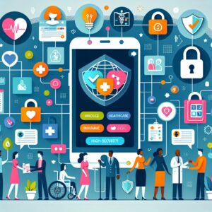 An illustration depicting a digital interface of Ameli, the French health insurance account, with symbolic icons representing health services, like a smartphone with health app icons, a secure lock symbolizing security, and diverse people from different backgrounds interacting with the interface.