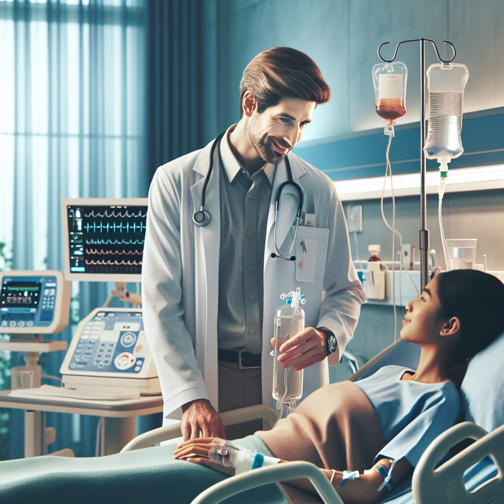 A medical professional in a hospital setting, caring for a patient recovering from the Mpox virus. The scene should include modern hospital equipment and a comforting atmosphere, with emphasis on a hopeful and recovery theme.