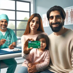 A family with a child and two parents each holding a French Carte Vitale, with a backdrop of a blurred doctor's office, symbolizing healthcare access and family benefits in France.