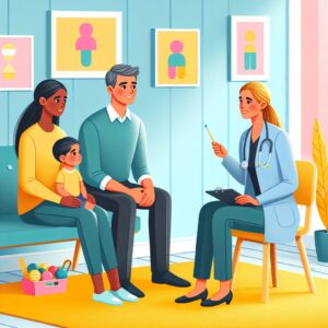 Illustration d'une famille visitant un professionnel de santé pour discuter des troubles du développement de leur enfant, montrant un cadre accueillant et informatif.