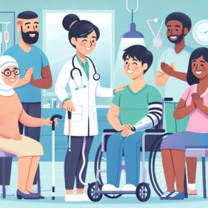 Illustration showing a diverse group of people with disabilities engaging with a healthcare professional in a supportive medical setting, surrounded by medical tools, smiling, and filled with a sense of inclusion and accessibility. The atmosphere is warm and hopeful, representing improved access to healthcare for disabled individuals.