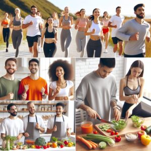 Image of a diverse group of people, including both men and women, engaging in healthy lifestyle activities such as jogging, cooking a balanced meal together with fresh vegetables, and discussing health topics in a bright, cheerful, and engaging environment.