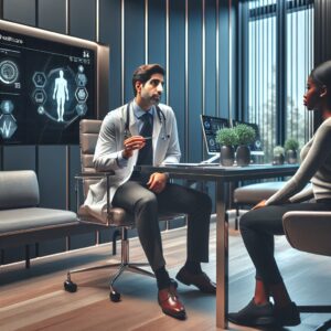 An image depicting a doctor and patient discussing during a consultation, with a background showing a modern medical office setting, symbolizing updated healthcare tariffs in 2024.