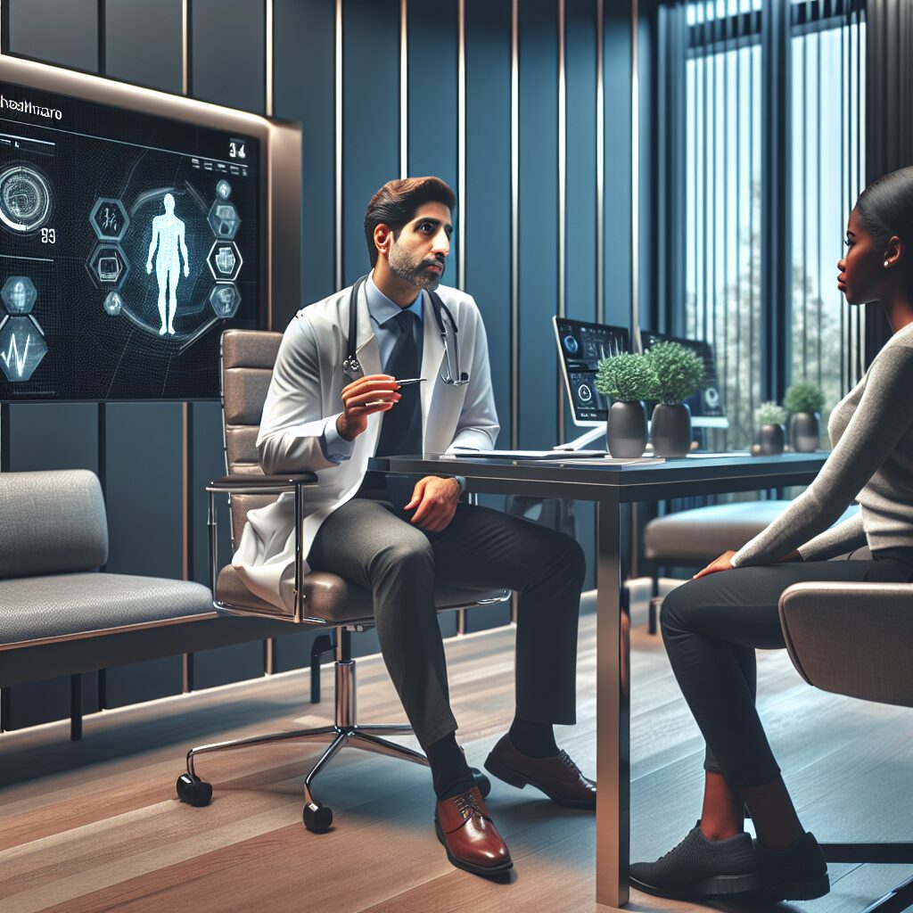 An image depicting a doctor and patient discussing during a consultation, with a background showing a modern medical office setting, symbolizing updated healthcare tariffs in 2024.