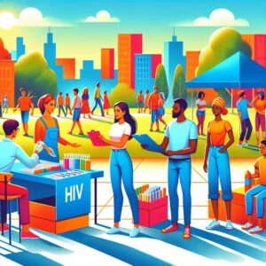 A vibrant and eye-catching illustration of people from diverse backgrounds participating in a community event for HIV awareness and testing, symbolizing unity and health awareness, set in an urban park environment.