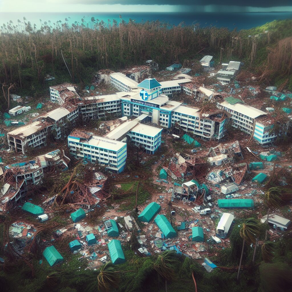 Aerial view of a devastated hospital in Mayotte after a cyclone, with damaged buildings and emergency tents, amidst a tropical setting with scattered debris and dark clouds in the sky.