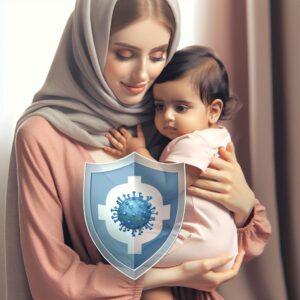 An illustration showcasing a loving mother holding her baby in a cozy and protective manner, both surrounded by a shield symbolizing protection from viral infections, with a hint of a hospital or healthcare setting in the background.