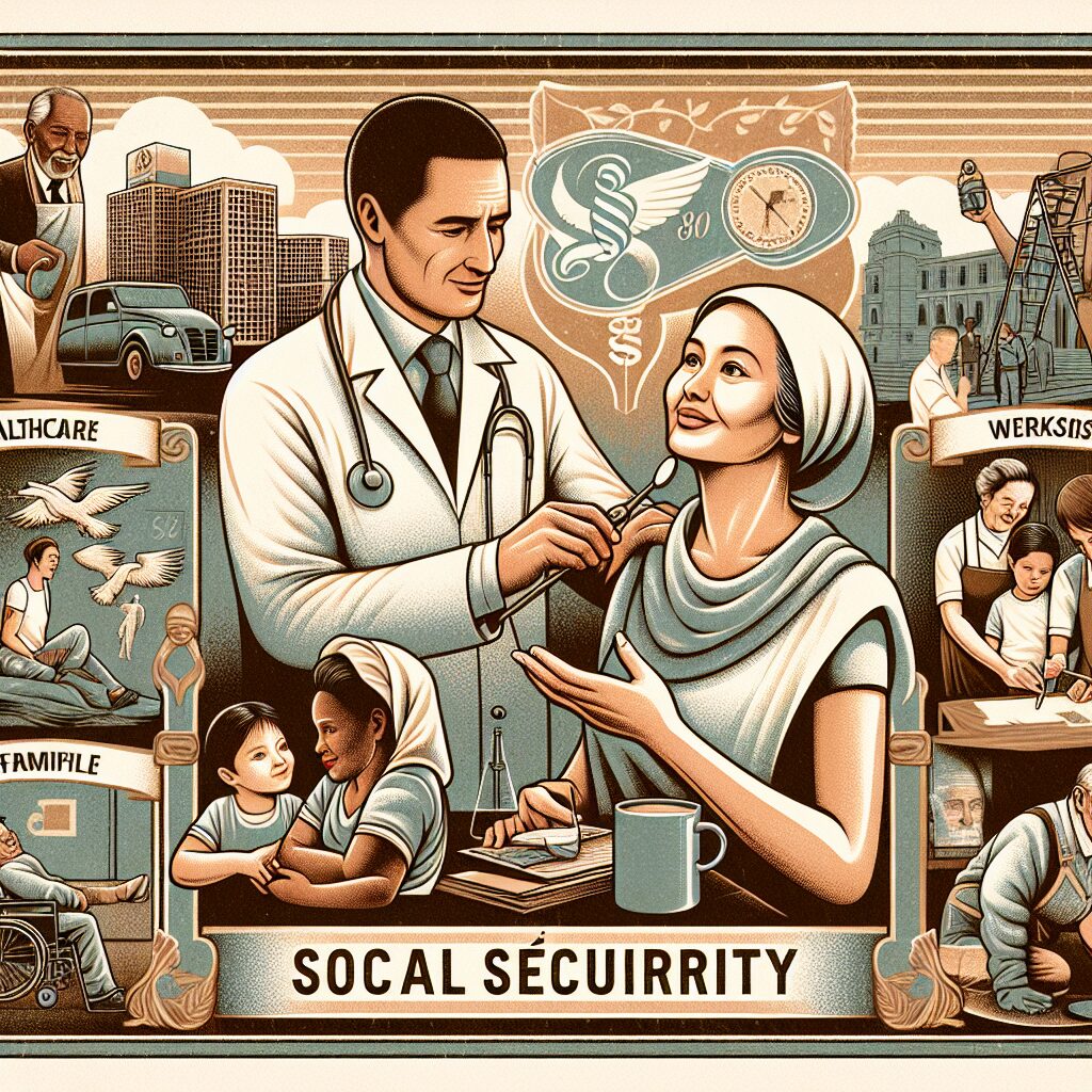 An illustration celebrating the 80th anniversary of Social Security in France, depicting various aspects like health, work, family, and aging with a vintage touch to represent its historical journey.