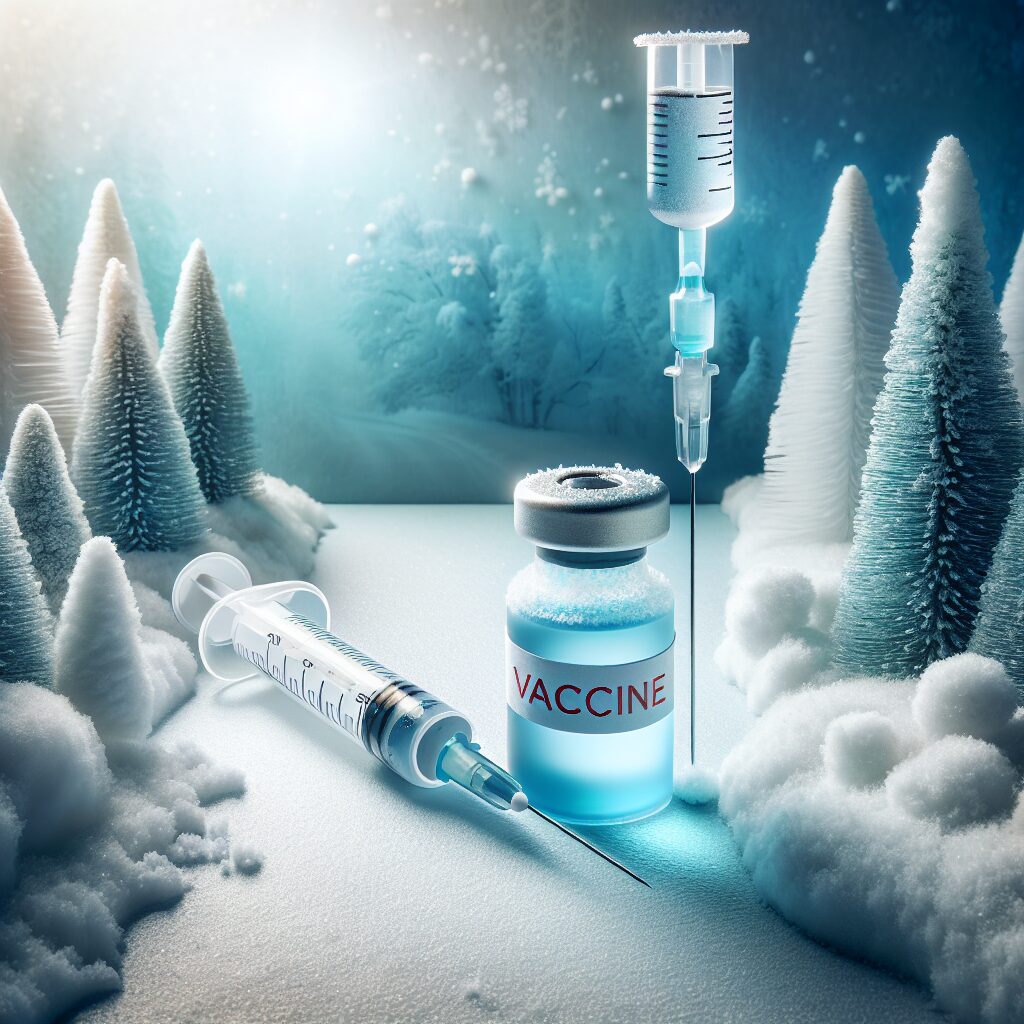 Une seringue et flacon de vaccin dans un environnement hivernal, représentant la protection contre les maladies saisonnières, style réaliste, couleurs vives et hivernales.