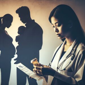 A detailed illustration of a medical professional reviewing a prescription form, with a family silhouette in the background representing a pregnant mother, a father, and a child. The atmosphere should be tense and serious, suggesting the significance of health safety and medication control. The color scheme should be muted tones, portraying a sense of caution and vigilance.