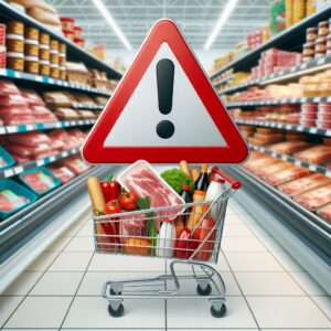 Un chariot de supermarché rempli de produits alimentaires, avec un accent sur la viande de porc emballée, sur fond de rayons de supermarché. Un triangle rouge avec un point d'exclamation indiquant une alerte de sécurité alimentaire.