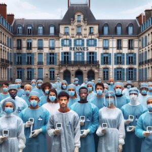 A hospital building in Rennes, France, with medical staff in protective gear, symbolizing health vigilance and global virus outbreaks.